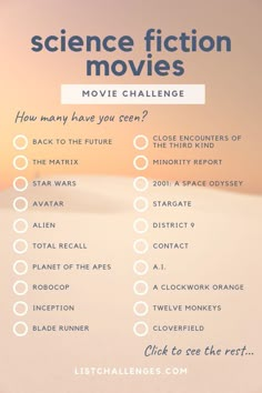 the science fiction movies checklist is shown in blue and white with an orange sky behind it