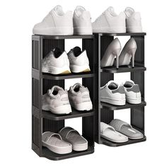 four tiered shoe rack with white shoes on top and black bottom shelf below it