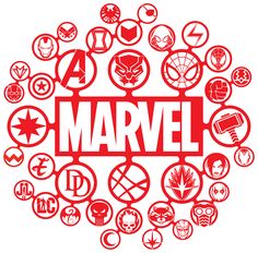 the word marvel surrounded by many different avengers symbols in red and black on a white background