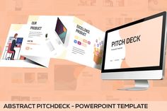 an abstract pitch deck powerpoint template is displayed on a computer screen with multiple images