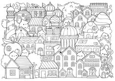 a black and white drawing of a city with lots of houses, trees and buildings