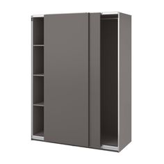 a gray cabinet with two shelves and one door open