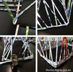 four different angles of the same metal structure with various colored sticks sticking out of it