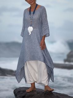 Solid Color Swing Linen Ladies Dress Loose Long Sleeve Cotton Linen Skirt Sumer Dress, Bohemian Ideas, Baggy Tops, Side Stand, Dress Sleeve Styles, Y2k Aesthetic Outfits, Hair Braids, Comfy Dresses, Linen Tunic