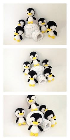 three different pictures of stuffed penguins with one penguin holding the other's arm out