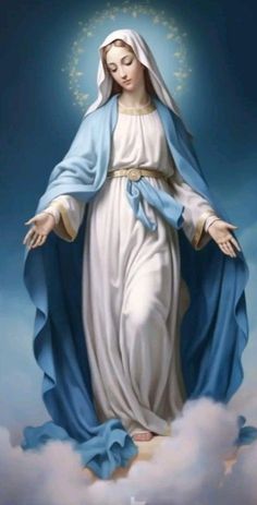 the immaculate mary in blue and white with clouds