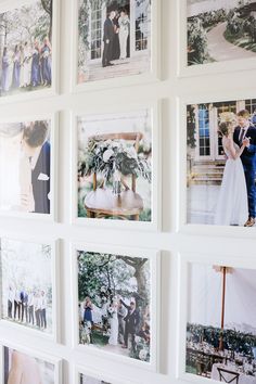 wedding pictures are arranged on the wall in front of each other, including one bride and groom