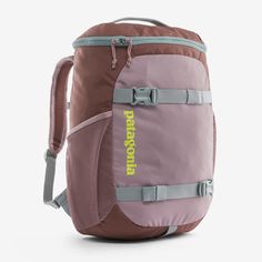 You don't change the world by sitting still. Our Refugito Daypack 18L is designed for the next generation of activists, with tech-savvy storage, trail-ready construction and durable recycled materials; it's organized enough to enact change and playful enough to enjoy what we're saving. Made in a Fair Trade Certified™ factory. | Patagonia Kids' Refugito Daypack 18L in Stormy Mauve - Outdoor Backpacks & Daypacks Wetsuit Bottoms, Patagonia Backpack, Camping Bags, 50% Logo, Patagonia Kids, Snow Wear, Moon Gifts, Rope Bag, Camping Bag