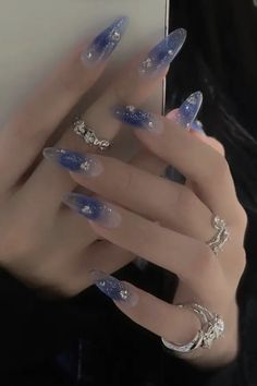 2022 Nails, Asian Nails, Blush Nails, Really Cute Nails, Blue Nail, Jelly Nails