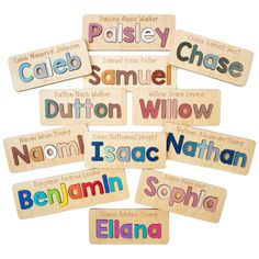 wooden name tags with names in different colors and sizes on them, arranged in the shape of a circle