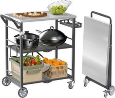 an image of a kitchen cart with food on it and two baskets full of fruit