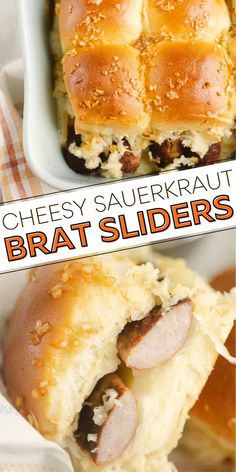 this cheesy sauerkraut brats sliders is the perfect appetizer for hot dogs