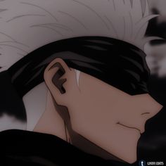 an anime character with white hair and black eyes looks to his left while staring at something