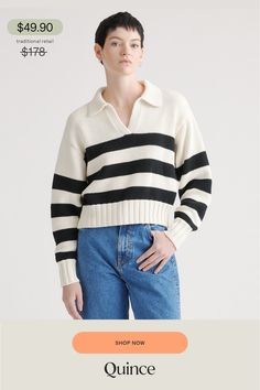 Flex your preppy side in our 100% Organic Cropped Cotton Polo Sweater. This must-have sweater combines effortless style and low-key comfort with its relaxed yet cropped fit and classic polo collar. Made of premium organic cotton, it's soft on your skin and reflects our commitment to sustainability. Pair it with jeans for an everyday casual look or wear it to work with a more tailored trouser. Looking for something warmer? Check out our Mongolian Cashmere Polo Sweater  | Quince | Women's 100% Org Cashmere Polo Sweater, Silk Pajamas Shorts, Cashmere Polo, Polo Sweater, Cotton Polo, Sweater Making, Polo Collar, Low Key, Quince