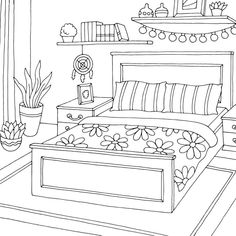 a bed with flowers on it in a bedroom coloring page for adults and childrens