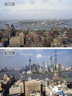 two views of the same city from different viewpoints, one shows an urban area with tall buildings