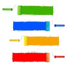 four different colored paint rollers on a white background