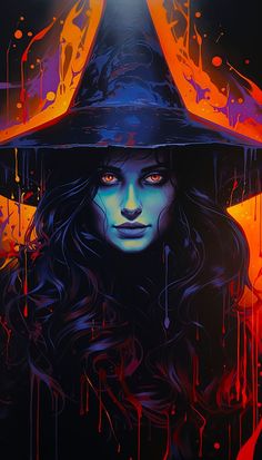 a painting of a woman wearing a witches hat with blood dripping all over her face