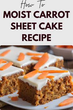 carrot sheet cake with white frosting on a plate