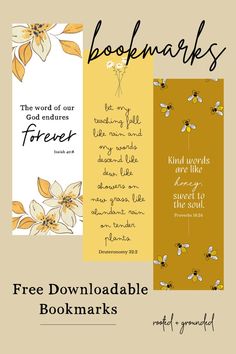 three bookmarks with the words, free printable booksmarkss and flowers on them