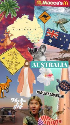 australia collage with images of people, animals and other things in the sky above them