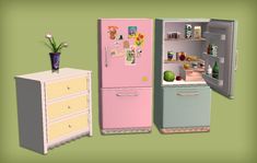 three refrigerators and a dresser are shown in this animated image, one is pink and the other is blue