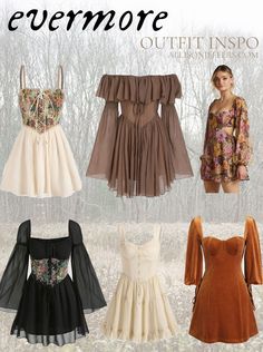 four different styles of dresses with text overlay that says, evermore out there