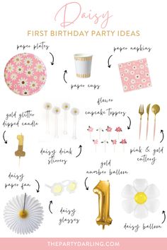 A collage of daisy party supplies including plates, napkins, cupcake toppers, gold number one balloon, and a daisy balloon for party ideas for a daisy first birthday party. Daisy Theme Bday Party, Sunshine Daisy Birthday, One Year Old Daisy Party, 1 Year Birthday Food Ideas, One Year Daisy Birthday, Daisy Groovy Birthday Party Ideas, Daisy First Birthday Outfit, Onederful Birthday Party Girl Daisy, Retro Daisy First Birthday