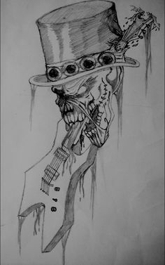 a drawing of a skeleton wearing a top hat and holding a guitar in his hand