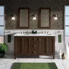 a bathroom with two sinks, mirrors and rugs on the floor in front of windows