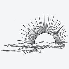 a drawing of the sun rising over mountains