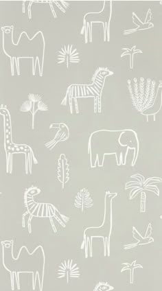 a wallpaper with animals and plants in white on a gray background, including giraffes