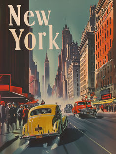 This captivating artwork transports us to the bustling streets of mid-century New York City, where the grandeur of urban life is on full display. The scene is a snapshot of motion and vibrancy, with classic automobiles in bold colors drawing the eye along the busy thoroughfare. This piece of art is a tribute to the ever-evolving narrative of New York City, ideal for anyone who cherishes the nostalgic charm of the past while embracing the ceaseless energy that defines the metropolis. New York Vintage Poster, New York Illustration Art, 1950s New York, Retro New York, New York Illustration, New York City Art, City Posters, Midcentury Art, Carros Vintage