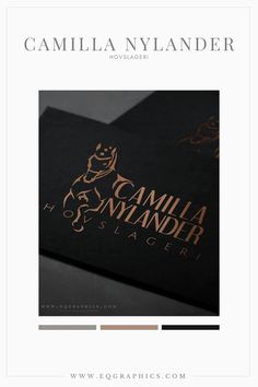 a black and gold business card with an image of a dog on it's back