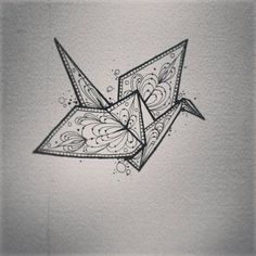 an origami bird is drawn on paper