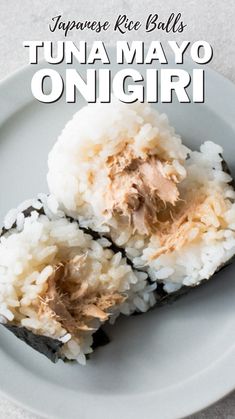 two pieces of sushi sitting on top of a white plate with text overlay