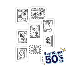 stamps with the words buy 10 get 50 % off