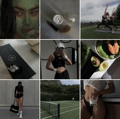 a collage of photos with various women doing different things on the same page, including tennis balls and sports equipment