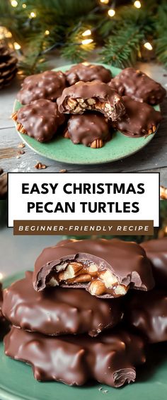 chocolate christmas pecan turtles on a green plate