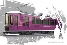 a purple train car sitting next to a tree