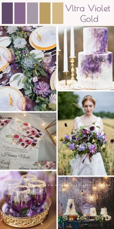 a collage of photos with purple and white wedding decorations, candles, flowers, and cake