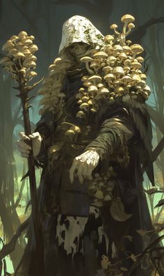 a painting of a man holding a bunch of mushrooms