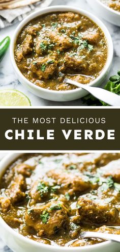 the most delicious chile verde soup is served in white bowls