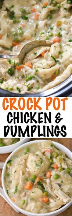 chicken and dumpling soup in a white bowl with the title overlay reading crock pot chicken and dumplings