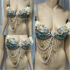 three pictures of a woman's bra with pearls and flowers on the chest,