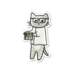 a sticker with a cat wearing glasses and holding two cups in one hand, the other