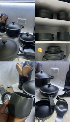 several different pictures of pots and pans on the stove top, with one being filled with cooking utensils