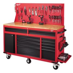 a red tool cabinet with many tools on it