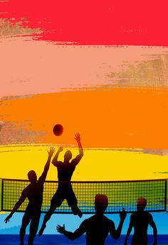 three people are playing volleyball in front of an orange, yellow and blue background with the sun setting