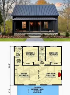 the floor plan for a small cabin with two levels